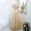 Élégant Champagne Robe De Bal Princesse 2021 V-Cou Noeud Paillettes Perle Manches Courtes Dos Nu Longue Robe De Ceremonie
