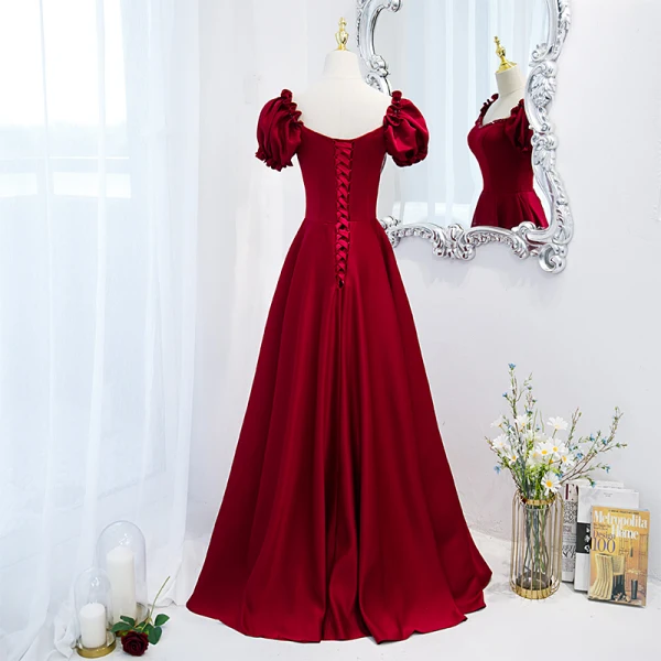 Chic / Beautiful Burgundy Prom Dresses 2021 Satin A-Line / Princess Square Neckline Beading Ruffle Short Sleeve Backless Floor-Length / Long Formal Dresses