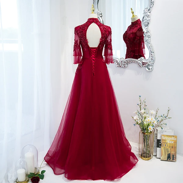 Elegant Burgundy Prom Dresses 2021 A-Line / Princess High Neck Beading Rhinestone Lace Flower 3/4 Sleeve Backless Floor-Length / Long Formal Dresses