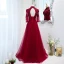 Elegant Burgundy Prom Dresses 2021 A-Line / Princess High Neck Beading Rhinestone Lace Flower 3/4 Sleeve Backless Floor-Length / Long Formal Dresses