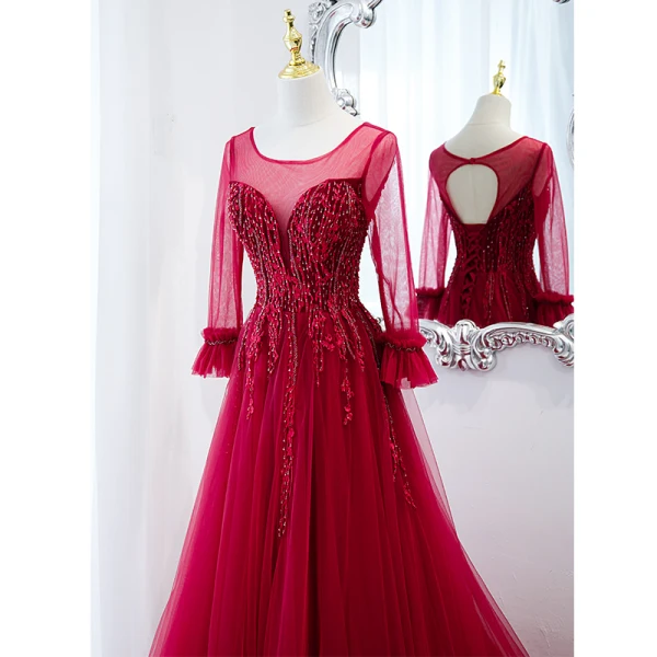 Chic / Belle Bordeaux Robe De Bal 2021 Princesse U-Cou Perlage En Dentelle Fleur Manches Longues Dos Nu Longue Promo Robe De Ceremonie