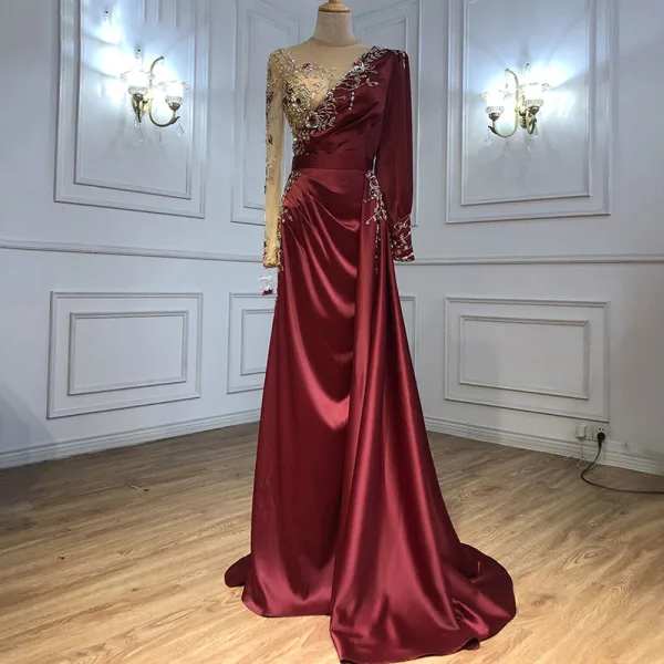 High-end Burgundy Handmade  Beading Pearl Rhinestone Evening Dresses 2021 Trumpet / Mermaid Scoop Neck Satin Long Sleeve Sweep Train Evening Party Formal Dresses