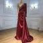 High-end Burgundy Handmade  Beading Pearl Rhinestone Evening Dresses 2021 Trumpet / Mermaid Scoop Neck Satin Long Sleeve Sweep Train Evening Party Formal Dresses