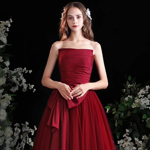 Chic / Belle Bordeaux Robe De Bal 2021 Princesse Bustier Noeud Sans Manches Longue Promo Robe De Ceremonie