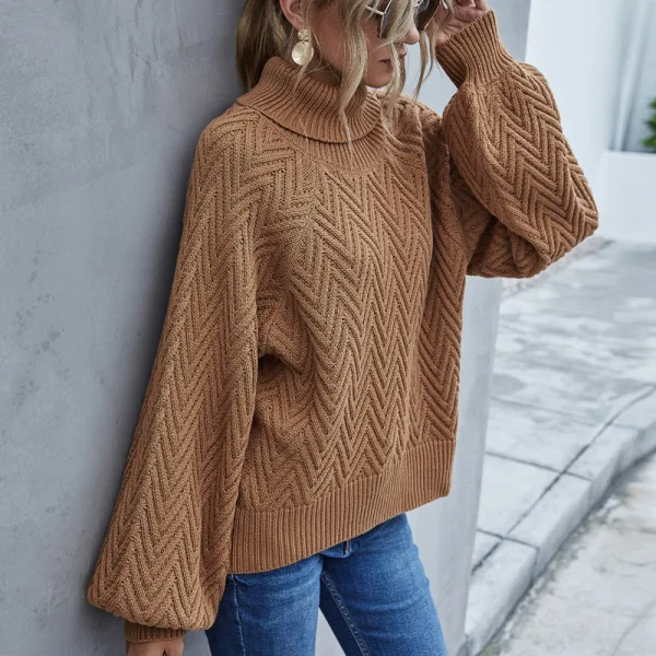 Comfortable Casual Fall Winter Brown Knitting Sweaters 2021 High Neck Long Sleeve Loose Women Tops