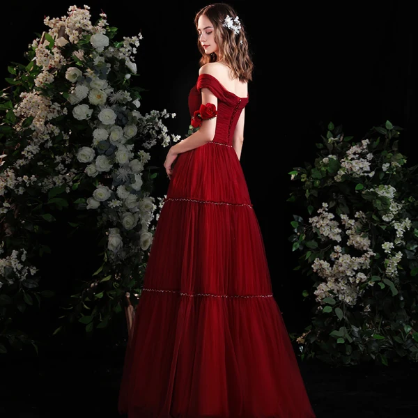 Charming Burgundy Pleated Prom Dresses 2021 A-Line / Princess Off-The-Shoulder Sleeveless Backless Split Front Floor-Length / Long Formal Dresses