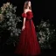 Charming Burgundy Glitter Prom Dresses 2021 A-Line / Princess Off-The-Shoulder Puffy Short Sleeve Sash Floor-Length / Long Prom Formal Dresses