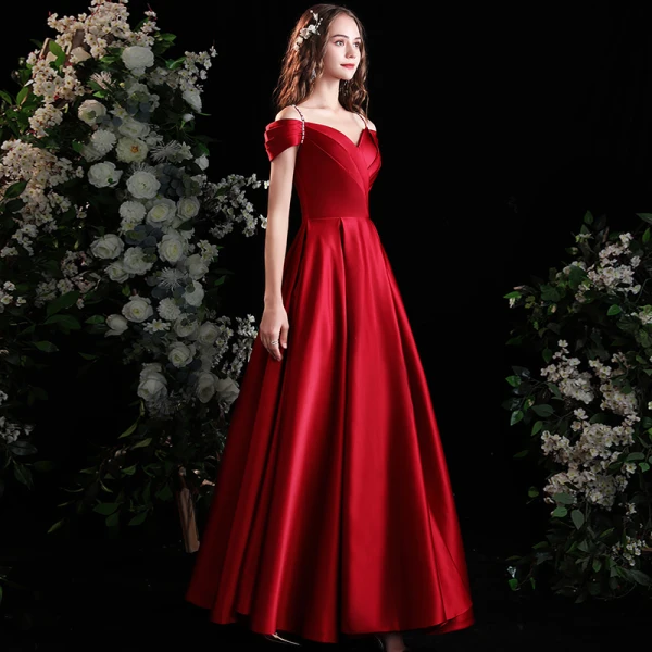 Elegant Burgundy Satin Prom Dresses 2021 A-Line / Princess Short Sleeve Backless Floor-Length / Long Prom Formal Dresses