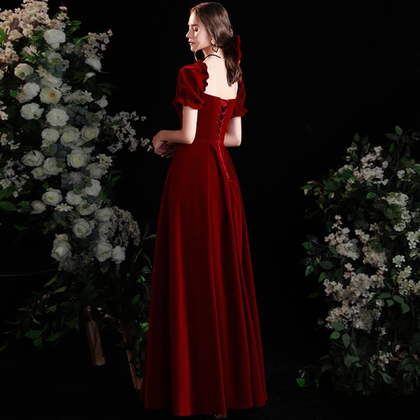 Élégant Bordeaux Daim Robe De Bal 2021 Princesse Encolure Carrée Manches Courtes Dos Nu Longue Promo Robe De Ceremonie