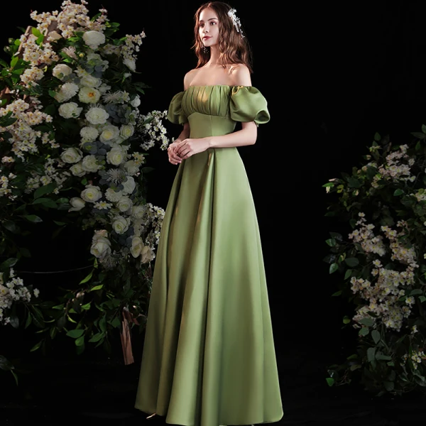 Chic / Beautiful Sage Green Satin Prom Dresses 2021 A-Line / Princess Off-The-Shoulder Puffy Short Sleeve Backless Floor-Length / Long Formal Dresses
