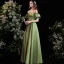 Chic / Beautiful Sage Green Satin Prom Dresses 2021 A-Line / Princess Off-The-Shoulder Puffy Short Sleeve Backless Floor-Length / Long Formal Dresses