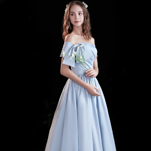 Chic / Beautiful Sky Blue Satin Prom Dresses 2021 A-Line / Princess Off-The-Shoulder Short Sleeve Backless Floor-Length / Long Prom Formal Dresses