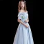 Chic / Beautiful Sky Blue Satin Prom Dresses 2021 A-Line / Princess Off-The-Shoulder Short Sleeve Backless Floor-Length / Long Prom Formal Dresses