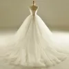 Classic Ball Gown Wedding Dresses 2017 Sweetheart Backless Sleeveless Feather Ruffle Ivory Tulle Chapel Train