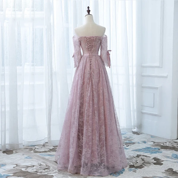 Chic / Belle Robe De Soirée 2017 De l'épaule 1/2 Manches Perlage Noeud Ceinture Volants Dentelle Longue Robe De Ceremonie