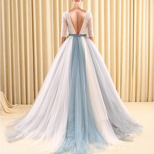 Chic / Belle Robe De Bal 2017 1/2 Manches Perlage Volants Tulle Ceinture Dos Nu Chapel Train Robe De Ceremonie