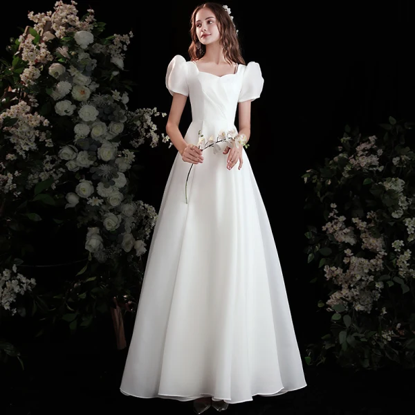 Chic / Beautiful Ivory Satin Prom Dresses 2021 A-Line / Princess Square Neckline Short Sleeve Backless Floor-Length / Long Prom Formal Dresses