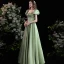 Elegant Sage Green Satin Prom Dresses 2021 A-Line / Princess Square Neckline Puffy Short Sleeve Backless Bow Floor-Length / Long Formal Dresses