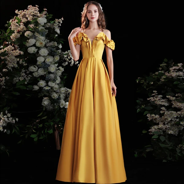 Schöne Gelb Satin Ballkleider 2021 A Linie Off Shoulder Rüschen Kurze Ärmel Rückenfreies Lange Festliche Kleider