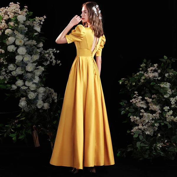 Vintage / Retro Yellow Satin Prom Dresses 2021 A-Line / Princess V-Neck Puffy Short Sleeve Backless Floor-Length / Long Formal Dresses