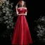 Modest / Simple Burgundy Satin Prom Dresses 2021 A-Line / Princess Off-The-Shoulder Short Sleeve Backless Floor-Length / Long Formal Dresses