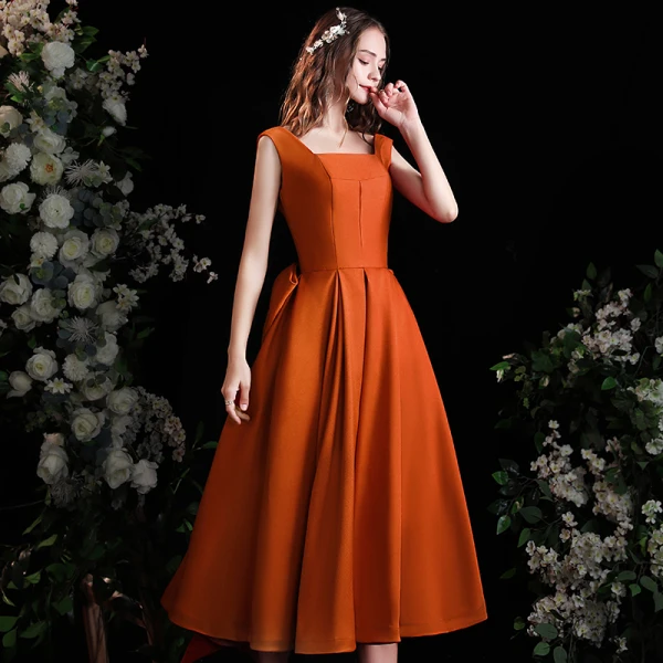 Fashion Orange Homecoming Satin Graduation Dresses 2021 A-Line / Princess Square Neckline Sleeveless Backless Bow Tea-length Formal Dresses