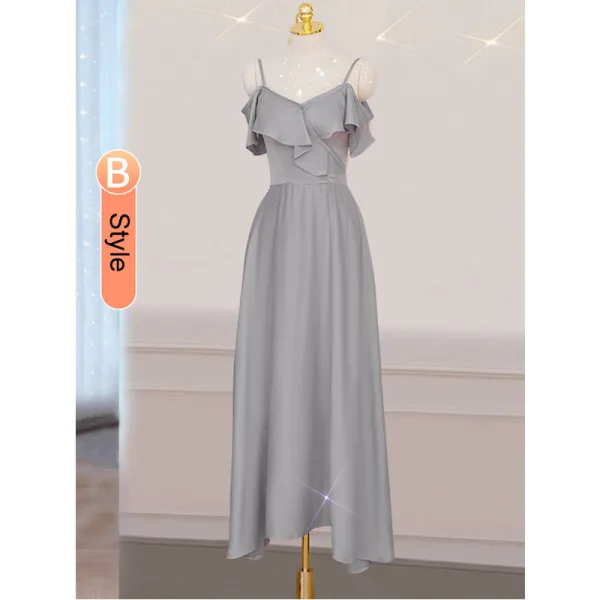 Modest / Simple Grey Satin Bridesmaid Dresses 2021 A-Line / Princess Spaghetti Straps Short Sleeve Backless Tea-length Wedding Party Dresses