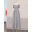 Modest / Simple Grey Satin Bridesmaid Dresses 2021 A-Line / Princess Spaghetti Straps Short Sleeve Backless Tea-length Wedding Party Dresses