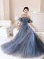 Schöne Blau Ballkleider 2021 A Linie Off Shoulder Geschwollenes Kurze Ärmel Rückenfreies Sweep / Pinsel Zug Festliche Kleider