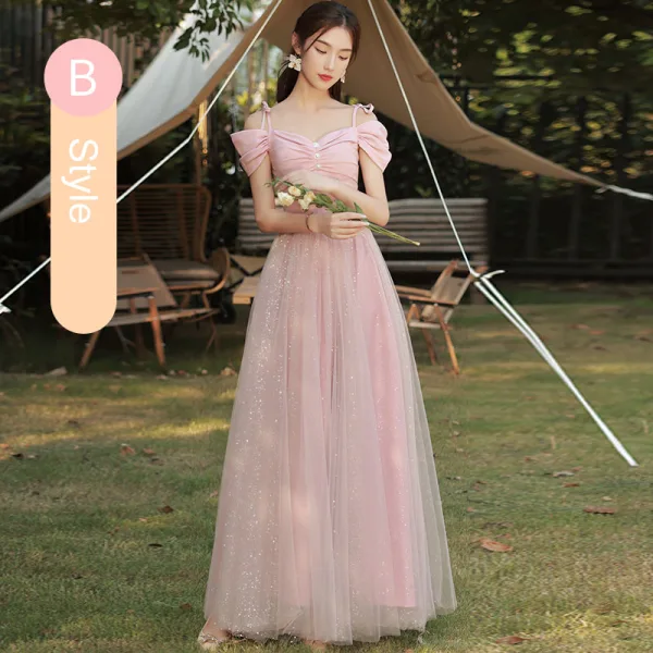 Chic / Belle Rose Bonbon Perle Robe Demoiselle D'honneur 2021 Princesse Manches Courtes Dos Nu Paillettes Longue Robe Pour Mariage