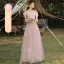 Chic / Belle Rose Bonbon Perle Robe Demoiselle D'honneur 2021 Princesse Manches Courtes Dos Nu Paillettes Longue Robe Pour Mariage