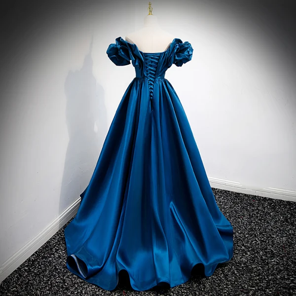 Fashion Royal Blue Satin Prom Dresses 2021 A-Line / Princess Ruffle Off-The-Shoulder Sleeveless Backless Floor-Length / Long Prom Formal Dresses