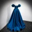 Fashion Royal Blue Satin Prom Dresses 2021 A-Line / Princess Ruffle Off-The-Shoulder Sleeveless Backless Floor-Length / Long Prom Formal Dresses