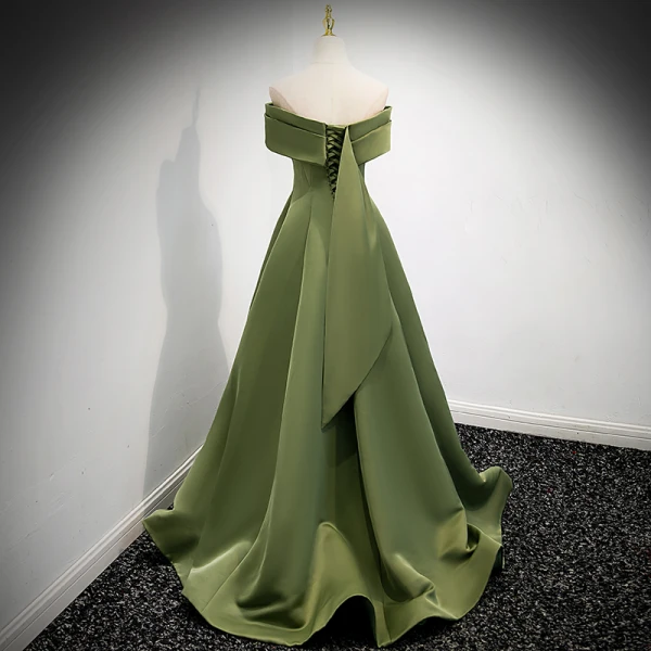 Modest / Simple Clover Green Satin Prom Dresses 2021 A-Line / Princess Off-The-Shoulder Short Sleeve Backless Sweep Train Prom Formal Dresses