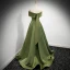 Modest / Simple Clover Green Satin Prom Dresses 2021 A-Line / Princess Off-The-Shoulder Short Sleeve Backless Sweep Train Prom Formal Dresses