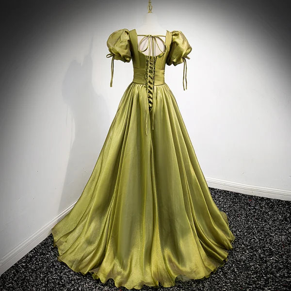 Modest / Simple Clover Green Satin Prom Dresses 2021 A-Line / Princess V-Neck Puffy Short Sleeve Backless Floor-Length / Long Formal Dresses