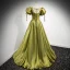 Modest / Simple Clover Green Satin Prom Dresses 2021 A-Line / Princess V-Neck Puffy Short Sleeve Backless Floor-Length / Long Formal Dresses