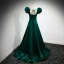 Vintage / Retro Dark Green Satin Prom Dresses 2021 A-Line / Princess Square Neckline Puffy Short Sleeve Backless Floor-Length / Long Prom Formal Dresses