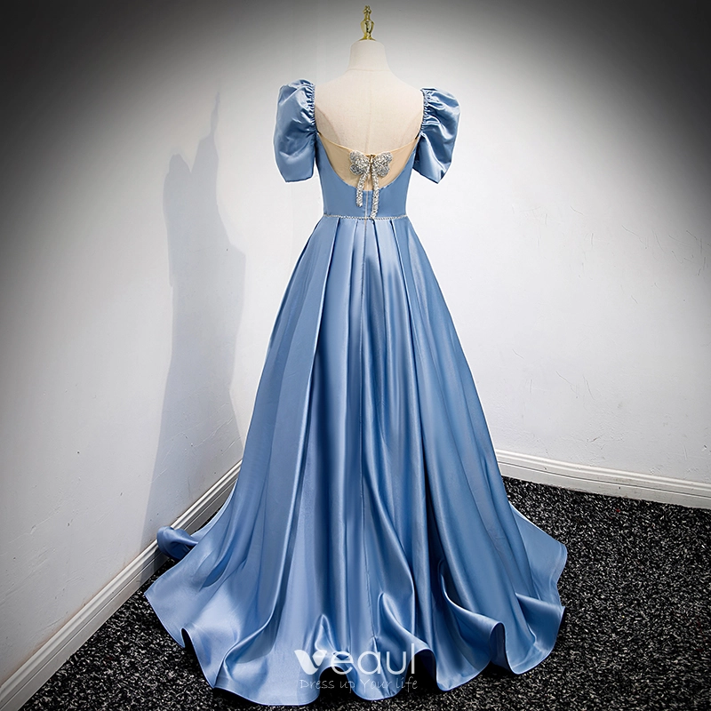 Blue Satin Beading Square Neck A Line Puffy Sleeve Prom Dress Blue Satin Beading Square Neck A Line Puffy Sleeve Prom Dress