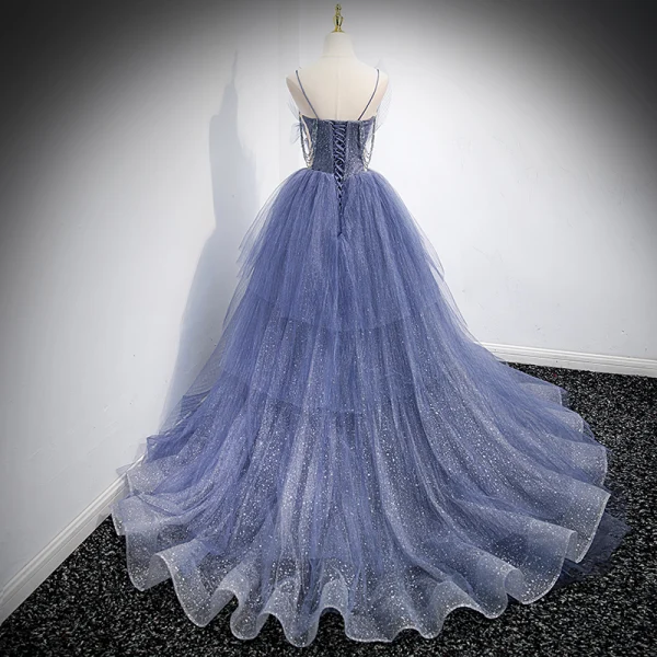 Charmant Himmelblau Fallende Rüsche Ballkleider 2021 A Linie Spaghettiträger Perlenstickerei Strass Pailletten Ärmellos Rückenfreies Sweep / Pinsel Zug Ball Festliche Kleider