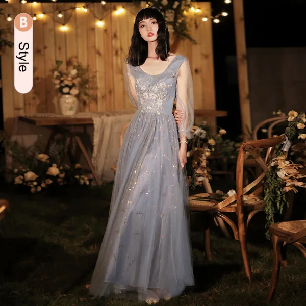 Fashion Sky Blue Beading Sequins Bridesmaid Dresses 2021 A-Line / Princess Pearl Rhinestone Short Sleeve Backless Floor-Length / Long Wedding Party Dresses