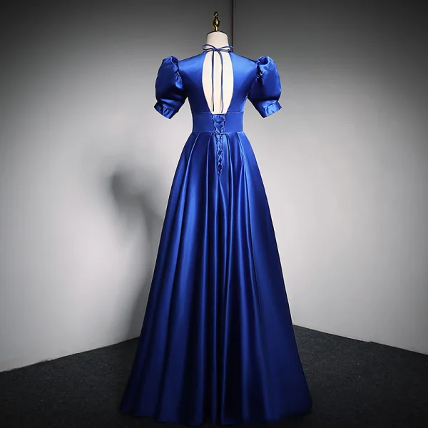 Vintage / Retro Royal Blue Prom Dresses 2021 A-Line / Princess V-Neck Puffy Short Sleeve Backless Floor-Length / Long Satin Formal Dresses