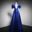 Vintage / Retro Royal Blue Prom Dresses 2021 A-Line / Princess V-Neck Puffy Short Sleeve Backless Floor-Length / Long Satin Formal Dresses