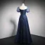Charmant Bleu Marine Étoile Paillettes Robe De Bal 2021 Princesse V-Cou Manches Courtes Dos Nu Longue Robe De Ceremonie