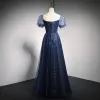 Charming Navy Blue Star Sequins Prom Dresses 2021 A-Line / Princess V-Neck Short Sleeve Backless Floor-Length / Long Formal Dresses