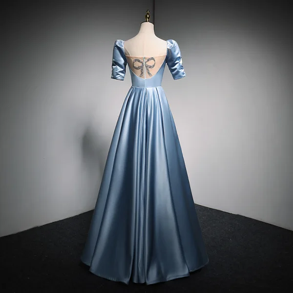 Fashion Sky Blue Satin Prom Dresses 2021 A-Line / Princess Square Neckline Short Sleeve Backless Sequins Bow Floor-Length / Long Formal Dresses