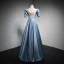 Fashion Sky Blue Satin Prom Dresses 2021 A-Line / Princess Square Neckline Short Sleeve Backless Sequins Bow Floor-Length / Long Formal Dresses