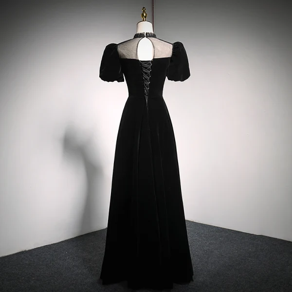 Elegant Black Suede Prom Dresses 2021 A-Line / Princess High Neck Bow Puffy Short Sleeve Backless Floor-Length / Long Formal Dresses