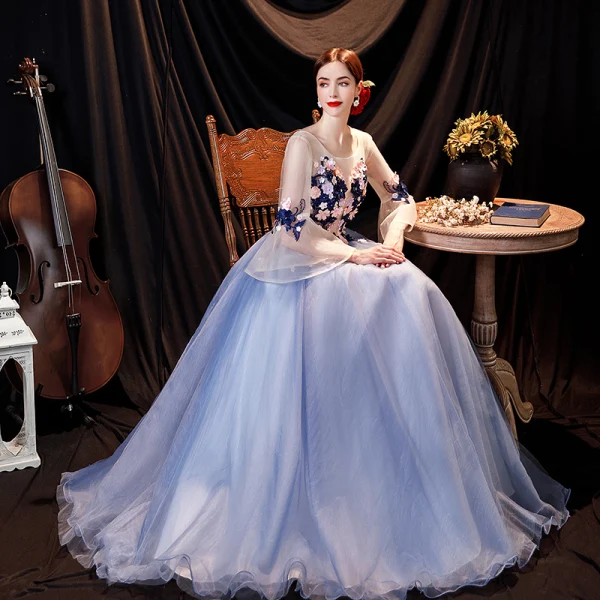 Flower Fairy Sky Blue Pearl Lace Flower Appliques Prom Dresses 2021 A-Line / Princess U-Neck Bell sleeves Backless Floor-Length / Long Formal Dresses