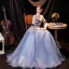 Flower Fairy Sky Blue Pearl Lace Flower Appliques Prom Dresses 2021 A-Line / Princess U-Neck Bell sleeves Backless Floor-Length / Long Formal Dresses